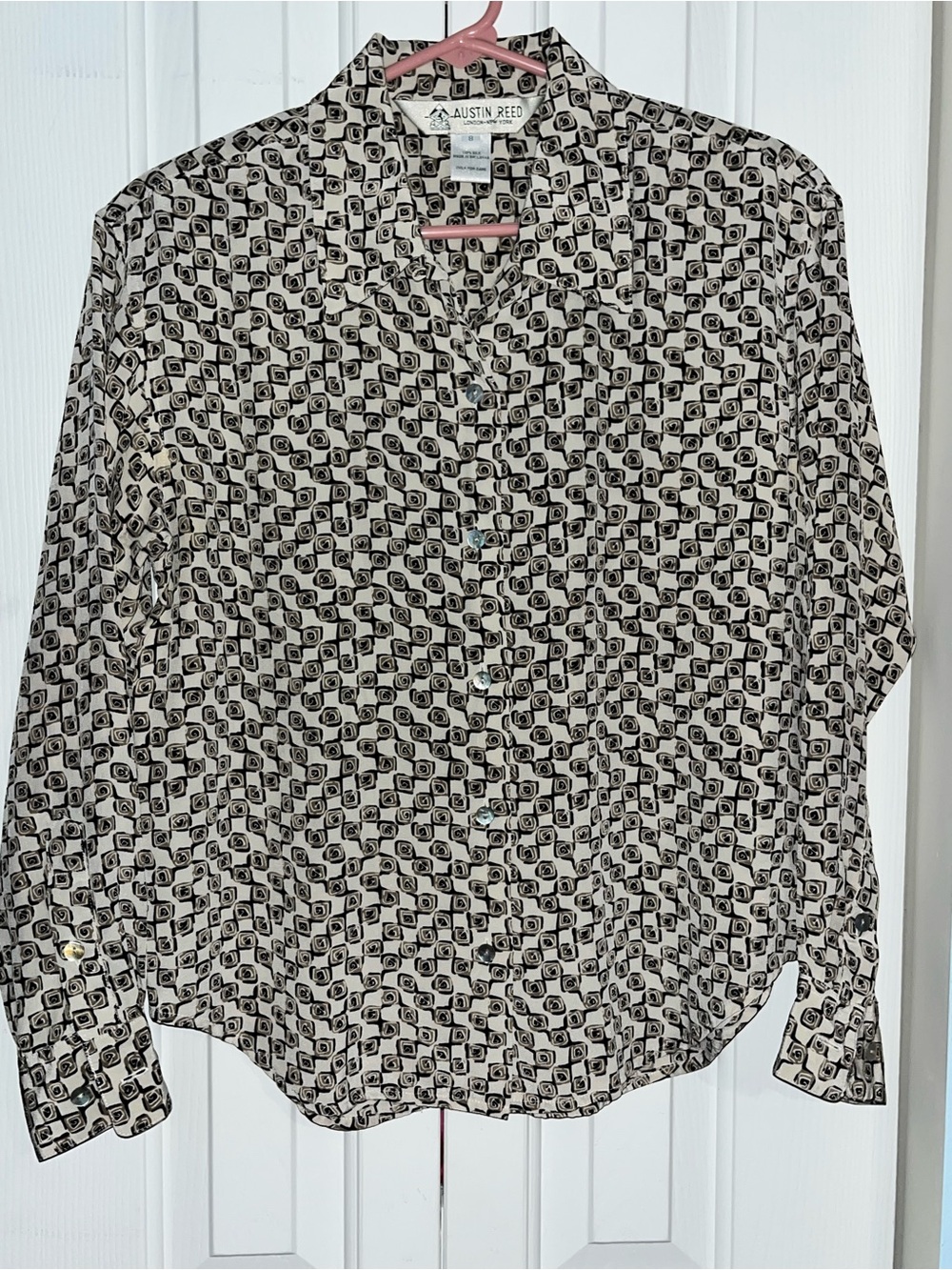 Austin Reed SilkBlack & White Patterned Button-Up Shirt